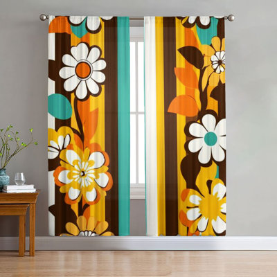 2Pcs Retro Floral Curtains, Groovy 70s Style Stripes and Flowers, Vintage Inspired for Living Room Bedroom Kitchen Window Drapes, Rod Pocket Panels