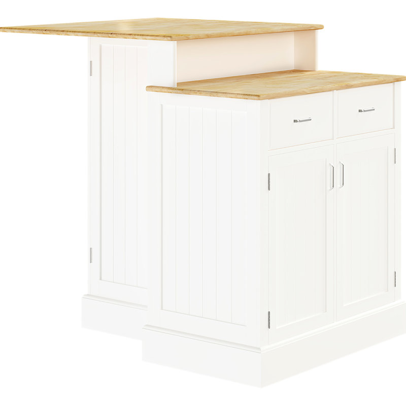Îlot de cuisine en bois d'hévéa à 2 niveaux avec tablettes réglables, rangement blanc et plateau de table - blanc, tiroirs à tablettes pour une maison fonctionnelle