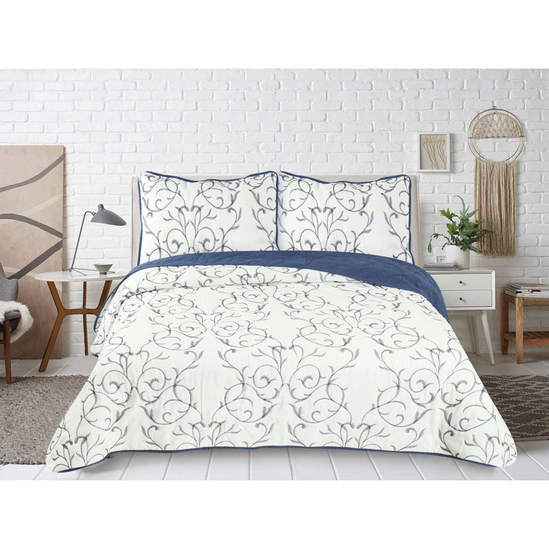 Marina Decoration Home Embroidery Bedding Stitching Coverlet Bedspread Ultra Soft Solid 3 Piece Summer Embroidered Quilt Set with 2 Quilted Shams, Navy Blue Branch Color Queen/Full Size