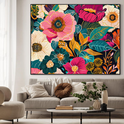 Extra Large Wall Art Fabric Print - Bold and Colorful Vibrant Floral Pattern Artwork Decor for Living Room or Bedroom - "Frame Assembly Required (Unfinished Frame)"