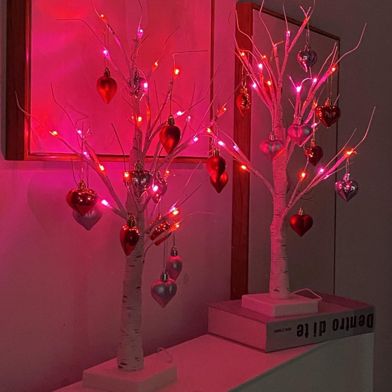 2-Pack Valentine’S Day Lighted Birch Trees With Heart Ornaments – USB & Battery