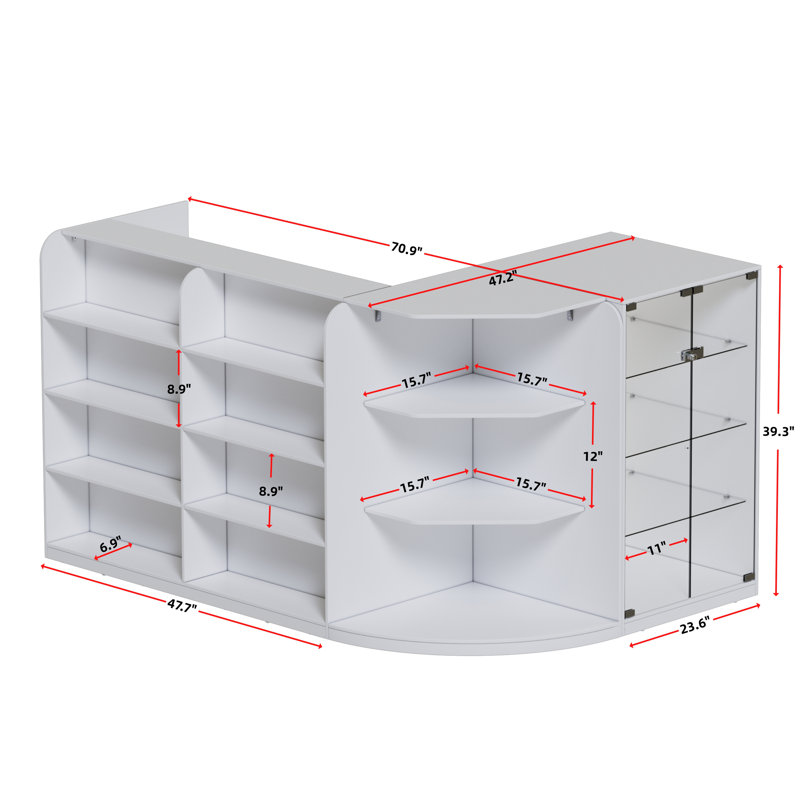 L-shaped Reception Desk With 3 Drawers & Glass Display Cabinet, Retail Counter Front Desk Reception Counter With Cabinet