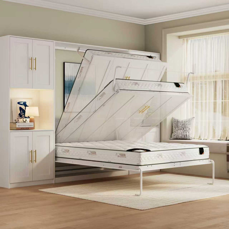 Queen Farmhouse Murphy Bed With 2 Storage Cabinets,space-saving Wall Bed For Multipurpose Room, White