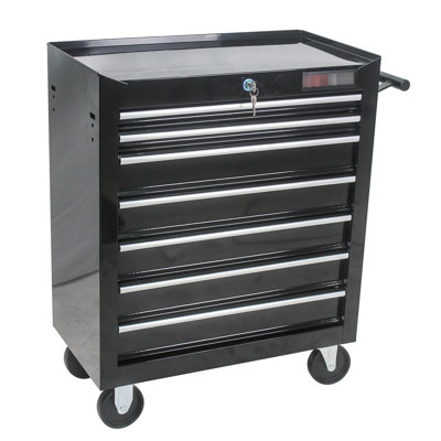 7 Drawers Workshop Trolley With Wheels - Black, Lockable Cabinet, Bearing Slide, Heavy-Duty Steel Build, 4 , 2 Stopper Drawer Tool Cart In Container, Robust Frame, Movable Brake