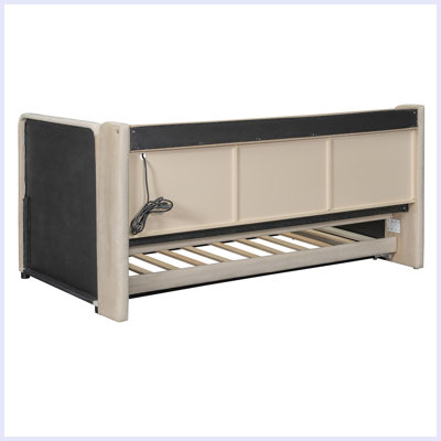 Modern Upholstered Daybed with Trundle, Storage Shelves, USB & Outlet