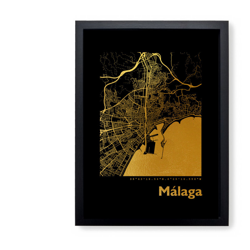 Malaga Map - Single Picture Frame Print, 42.5cm H x 32.5cm W x 3.5cm D