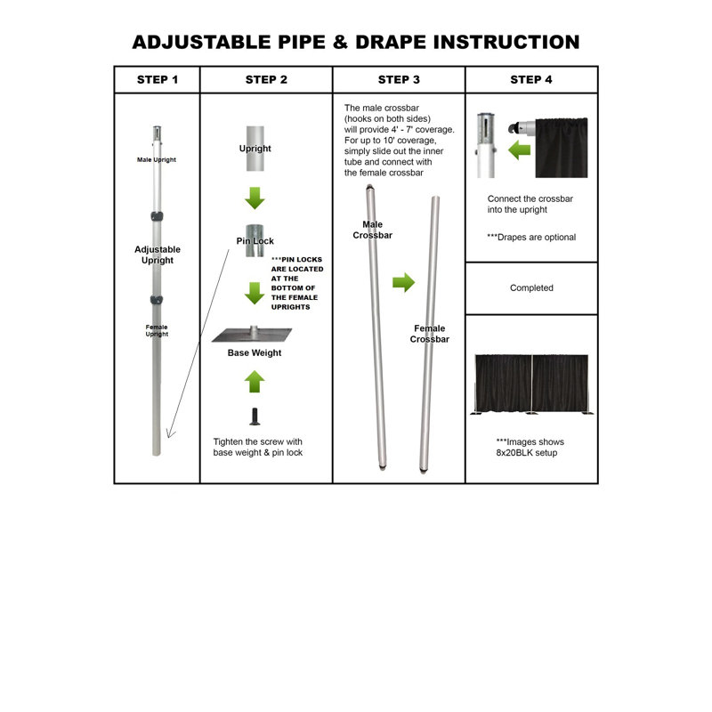 10 ft H x10 ft W Pipe & Drape Set Framework Only with Adjustable Upright, 120" H x 120" W x 16" D