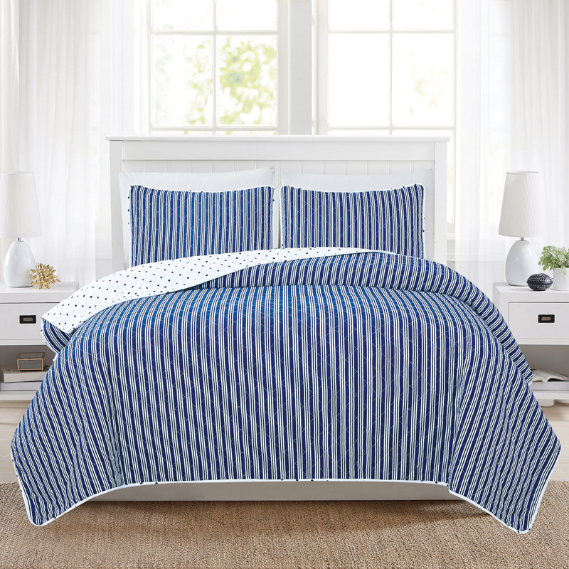 Nora No Striped Quilt, King Quilt + 2 King Shams, Navy