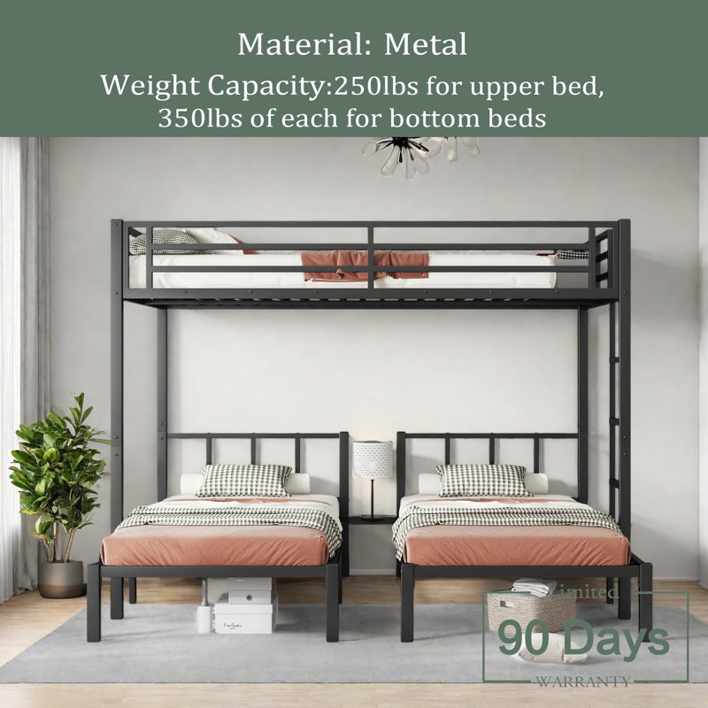 Twin Over Twin & Queen Bunk Bed, Metal Triple Bunk Bed With Safety Guardrails,Space-Saving/Noise Reduced