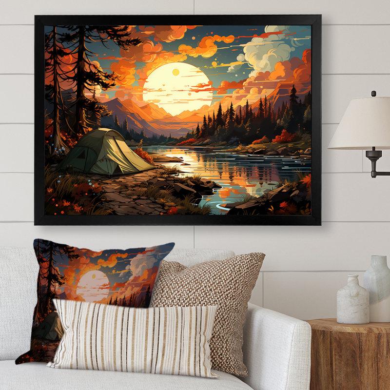 «Camping By The River Scenery I», reproduction sur toile, Cadre simple noir, H 16 po x l 32 po x P 1 po