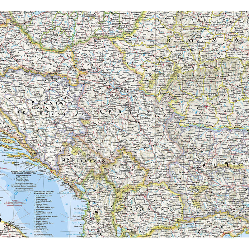 Carte murale classique des balkans, Stratifié (23 po x 30 po)
