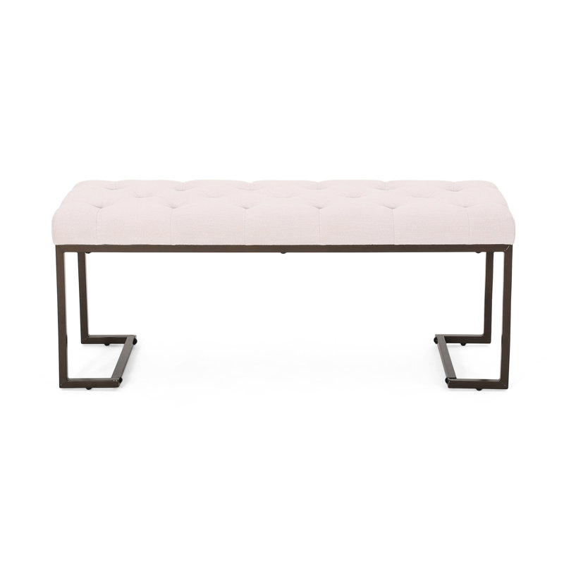 Banc rembourré beige à boutons, design contemporain, pieds à finition lisse, coutures losangées, structure en fer, profondeur de 45,06 po, largeur de 15 po, hauteur de 18,43 po, assemblage inclus