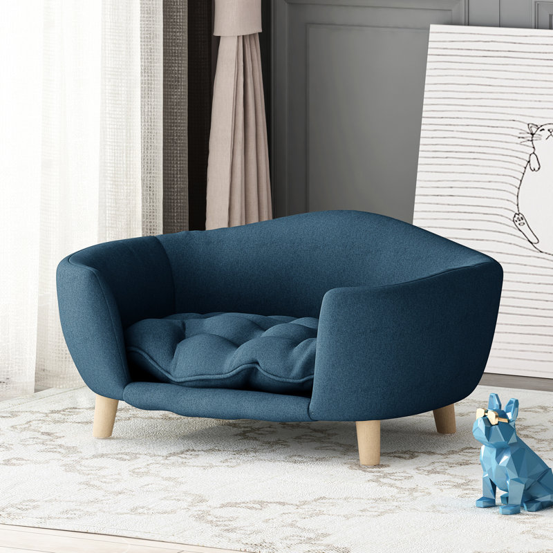 Lit pour chien de style Mid-Century moderne, bleu marine, coussin et pieds en bois de bouleau durable, assemblage bleu avec élément,