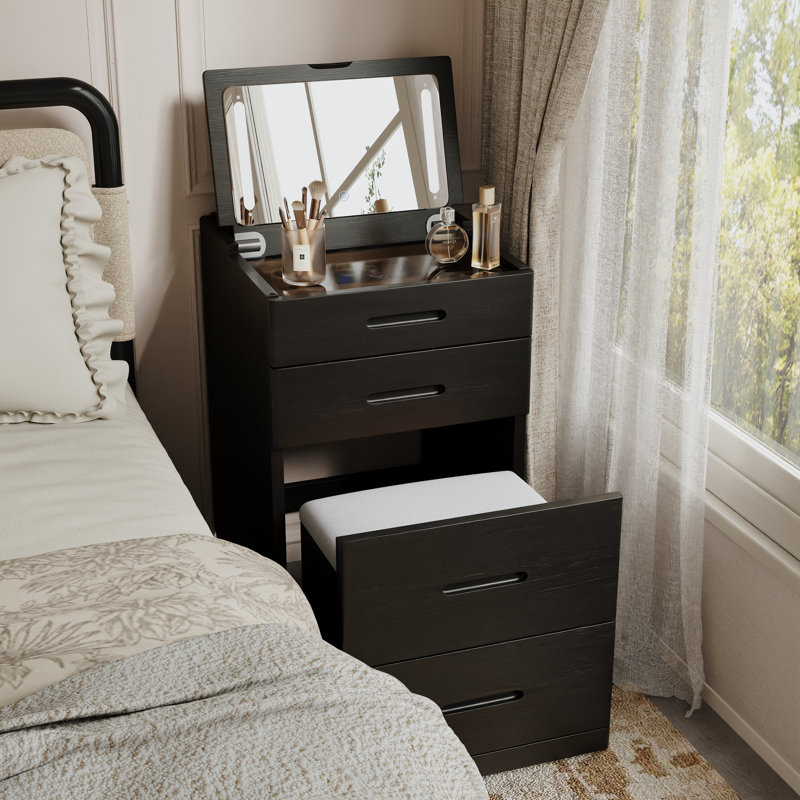 Oliver Solid Wood 3-in-1 Vanity Desk with Flip-Top Mirror, Hidden Chair, Adjustable LED Lighting and Power Outlet, Fully Assembled Makeup Vanity Table for Bedroom