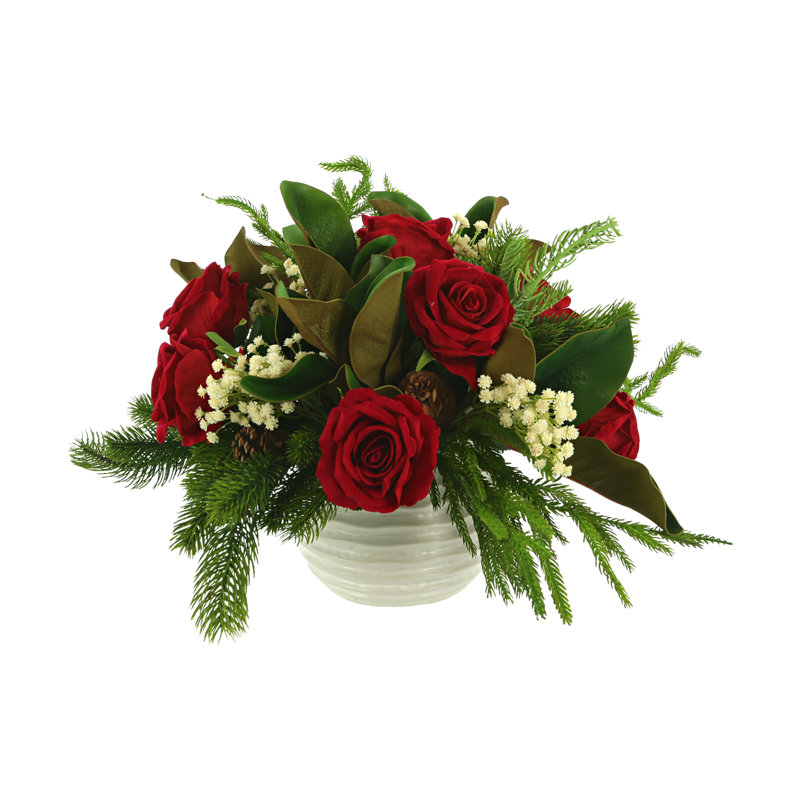 Holiday Floral with Roses, Baby's Breath and Evergreen