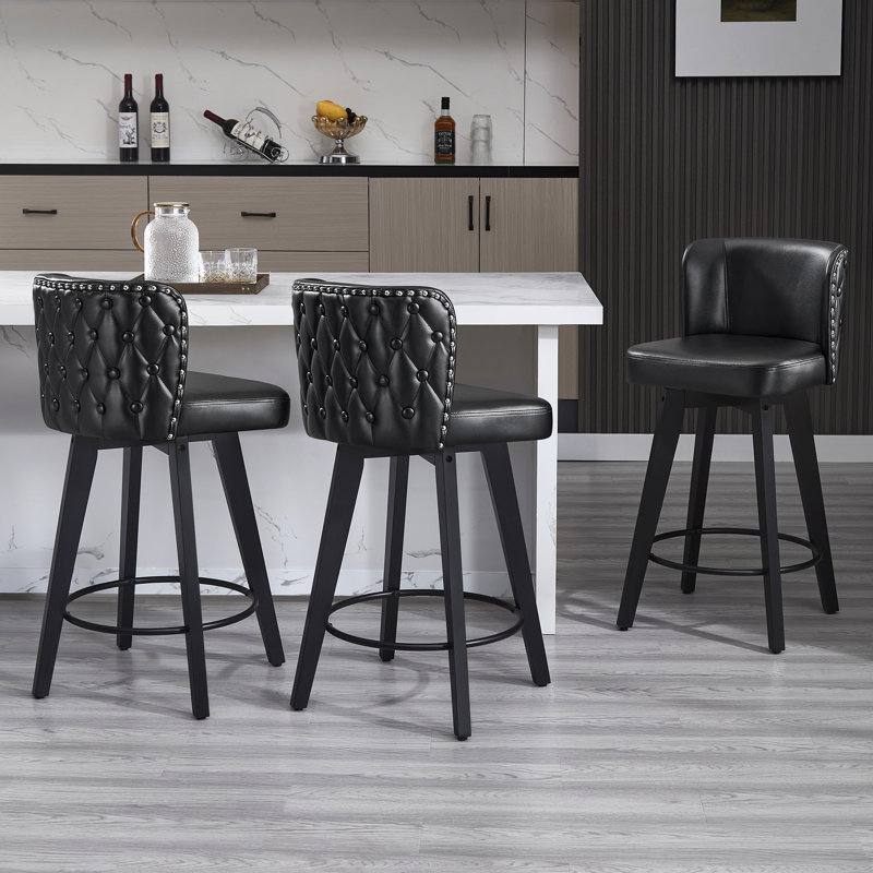 27.5in Swivel Bar Stools Set of 3, Black PU Leather Seat with Tufted Back, Solid Wood Legs, Counter Height Bar Chairs for Kitchen Island, Dining, Café (Set of 3)
