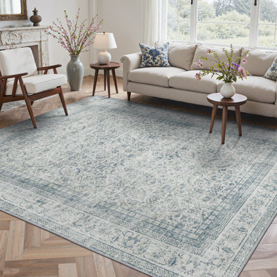 Tapis d'intérieur / bleu performance oriental lavable à la machine avec envers antidérapant