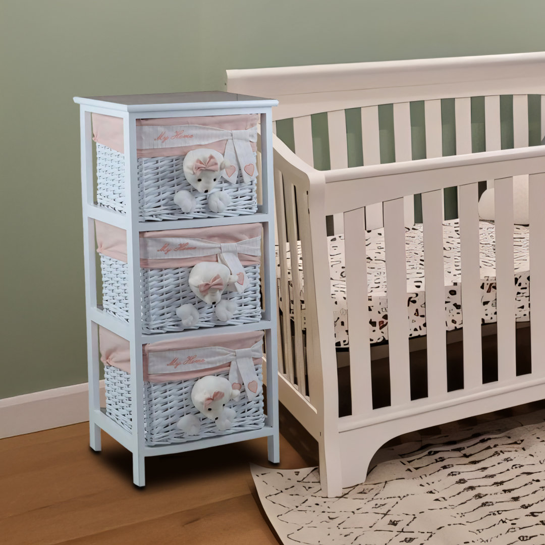 3 Drawer Wooden Cabinet with Wicker Storage Baskets and White Bear Design for Home Organization Red Barrel Studio®