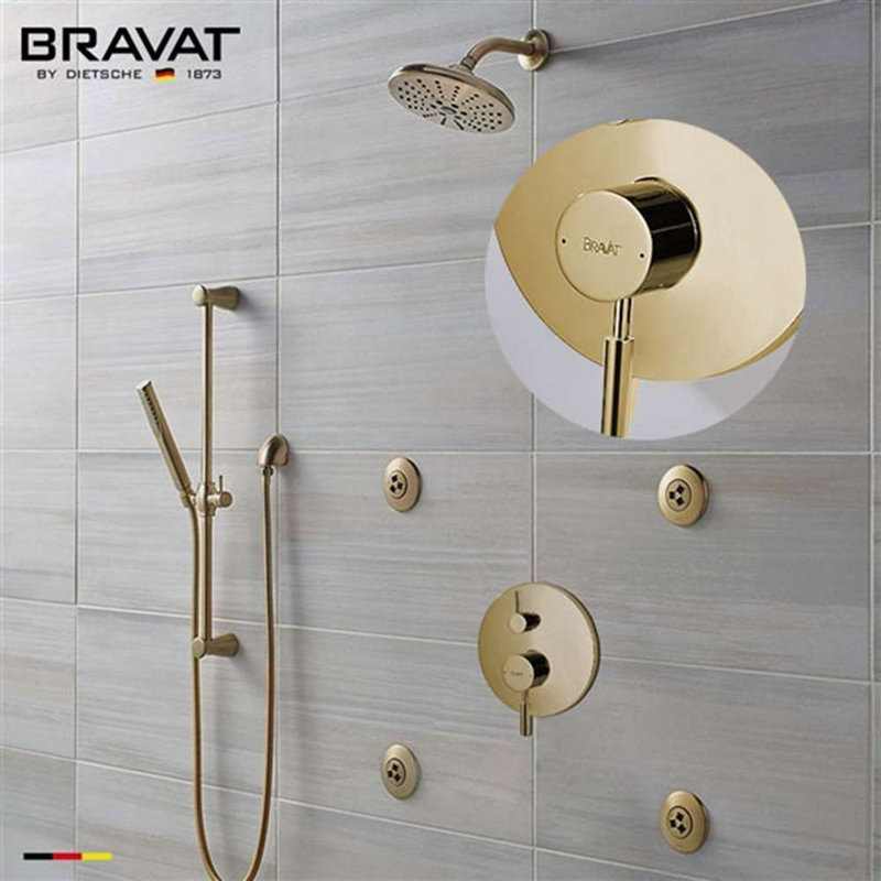 Bravat Brushed Gold Wall Mount Shower System with Round Rainfall Showerhead and Handheld Spray