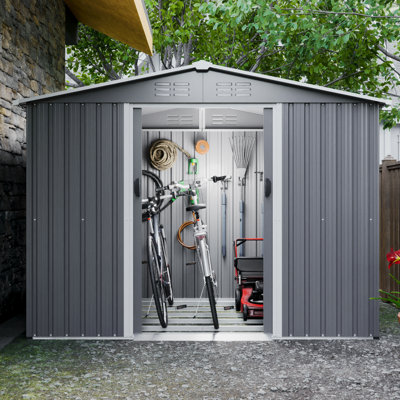8X6 Ft Metal Outdoor Shed With Lockable Doors - Galvanized Steel For All Weather In Garden, Patio, Backyard, Lawn, Gray Foldable Storage Weather, Wear