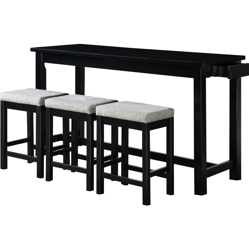 Table de salle à manger à hauteur de comptoir 4 pièces - tiroir noir et 3 tabourets