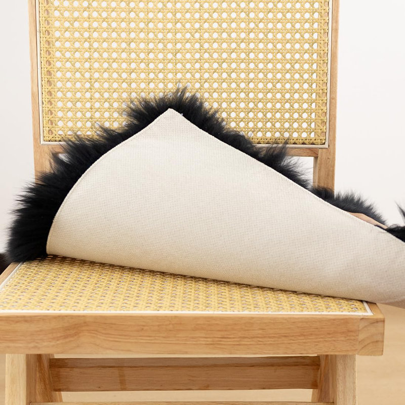 Sheepskin Chair Cushion Non-Slip Back Square Genuine Fur Chair Cover Silky Natural Wool Seat Cushion Pad Soft Area Rugs Carpet, Pack Of 1, Black
