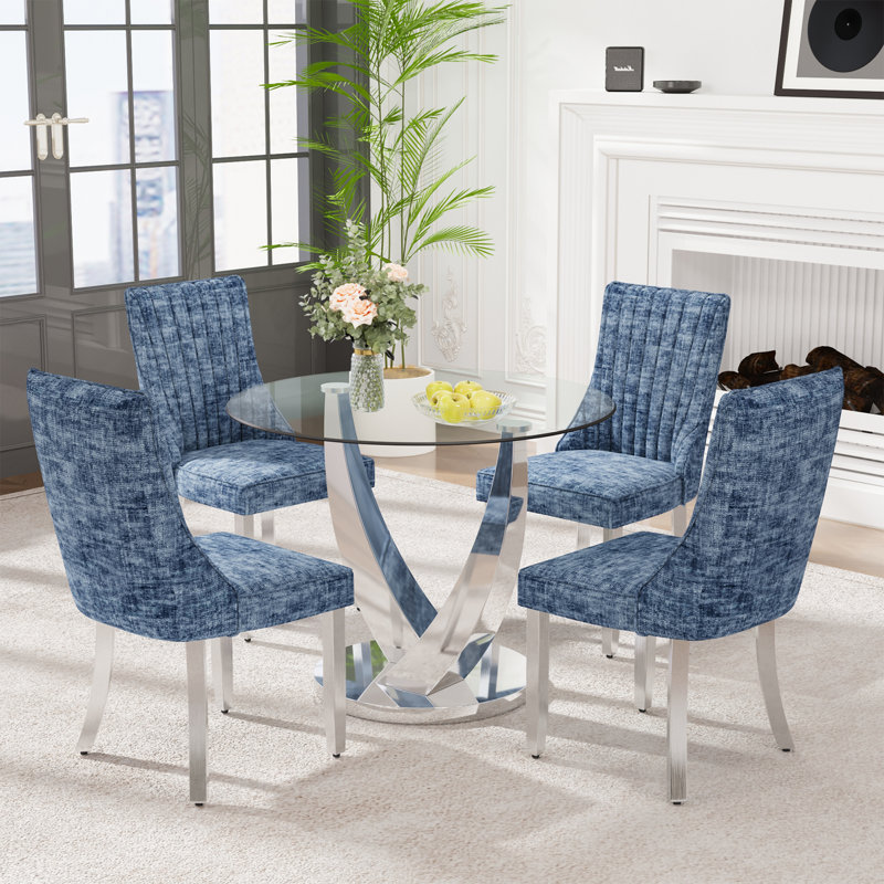 38.9" Round Glass Dining Table Set, with 4 Upholstered Chairs, Blue/Silver, 29.9"H x 38.9"L x 38.9"W