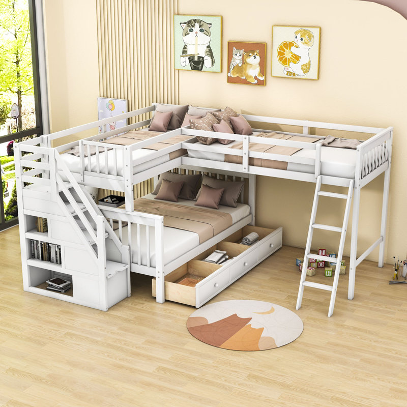 Gianpiera Twin Over Full & Twin 3 Drawers L-Shaped Bunk Bed With Shelves by Harriet Bee, White