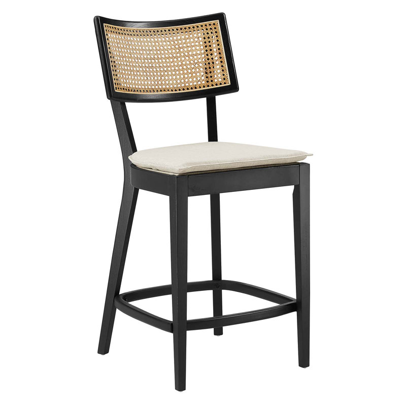 Caledonia Black and Beige Wood Counter Stools with Rattan Backrest