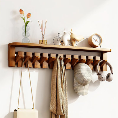 Portemanteau mural en bois massif avec porte-clés et tablette