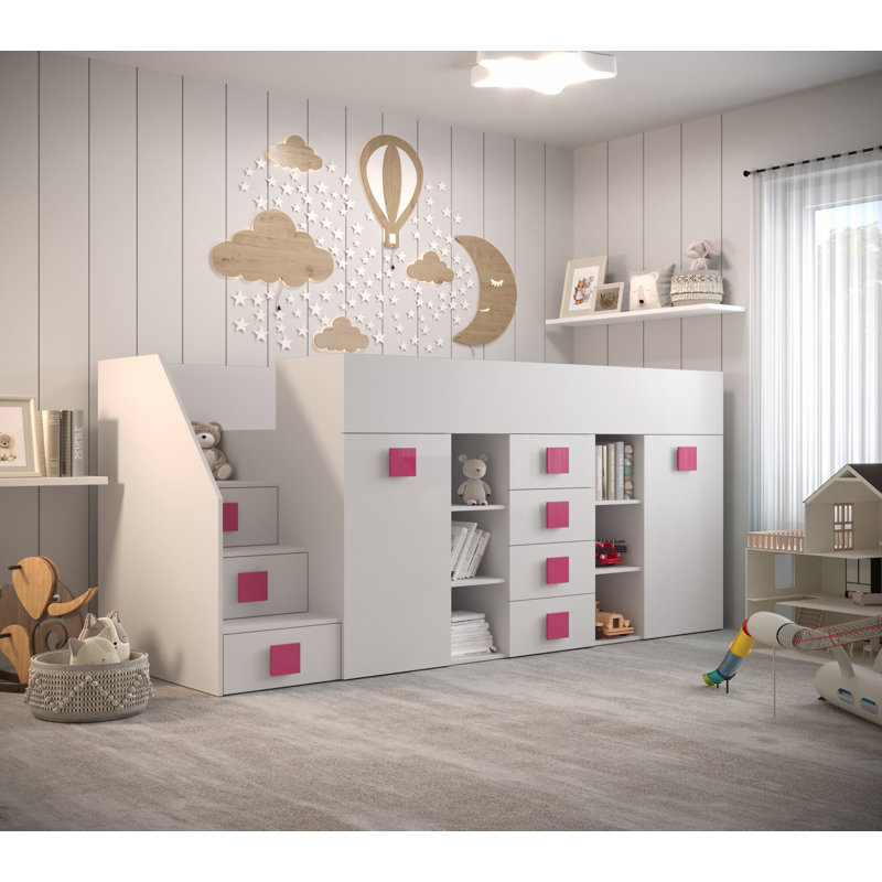 Goyette European Single (90 X 200 Cm) Loft Bed with Storage Included, White/Pink