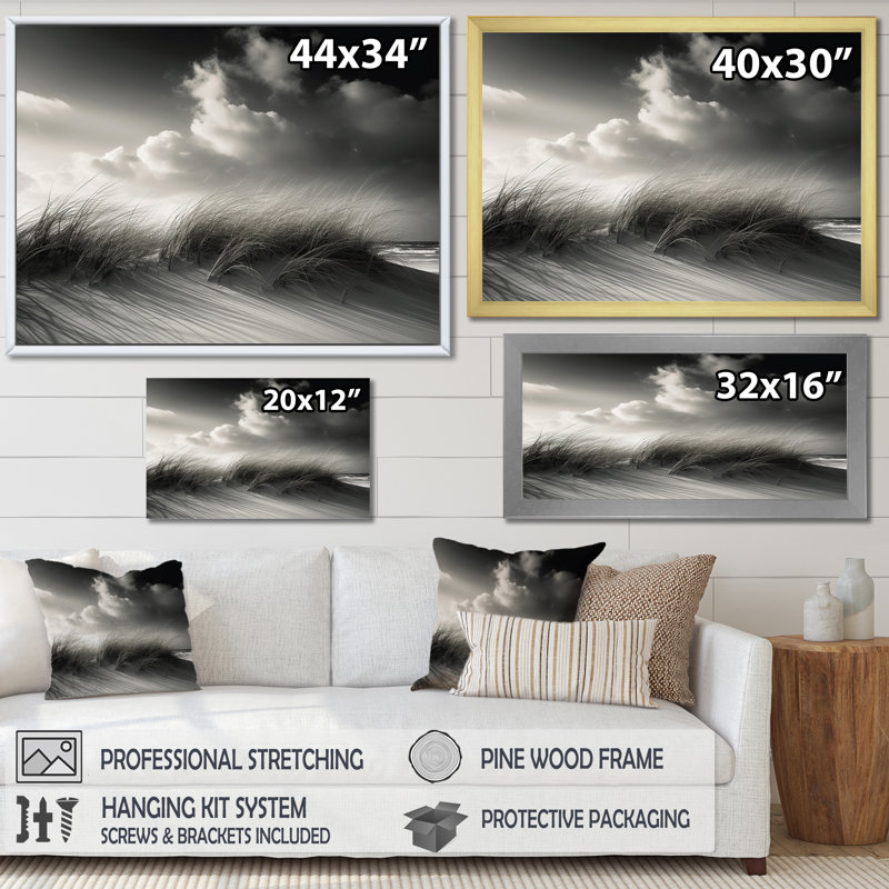 «Black and White Beach Sand Grass Senery», reproduction sur toile, H 12 po x l 20 po x P 1 po, Cadre flottant blanc