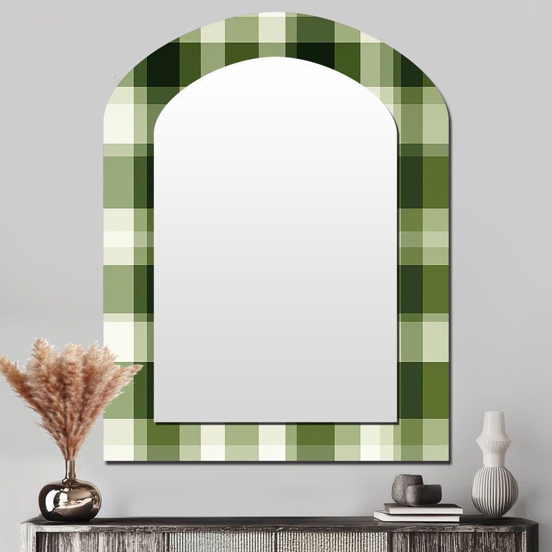 Uk Green Plaid Elegance - Plaid Arch Unique Wall Mirror, Vintage Asymmetrical Mirror, Printed Metal Art, 43" x 33"