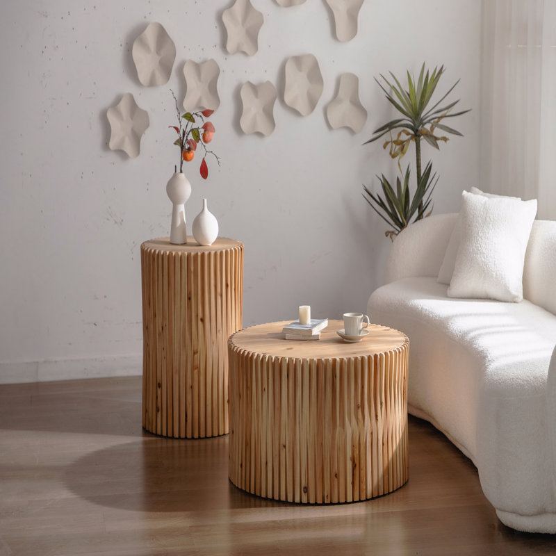 Retro Fashion Style Cylindrical Coffee Table with Vertical Texture Relief Design,Suitable(Set of 2)