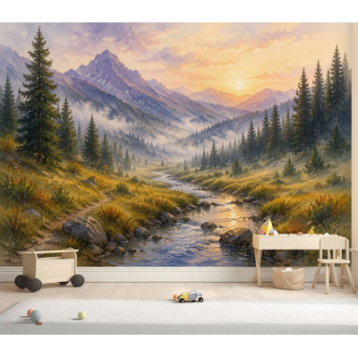 Wall Mural Peel and Stick Wallpaper Serene Watercolor Landscape Evergreen Forest Misty Valley Self-Adhesive Removable Contact Paper Wall Decor for Living Room Bedroom 69"H x 96"W
