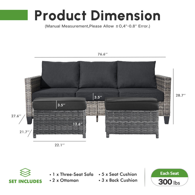 Allcot 3 - Person Wicker Rattan Outdoor Seating Group with Pillows, Cushions and Ottomans, All Weather High Back Conversation Set for Garden Backyard