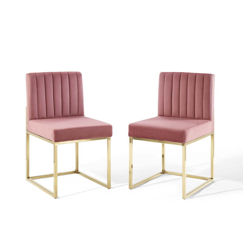 Carriage Tufted Sled Base Upholstered Fabric Dining Chair, Gold, 2, Dusty Rose