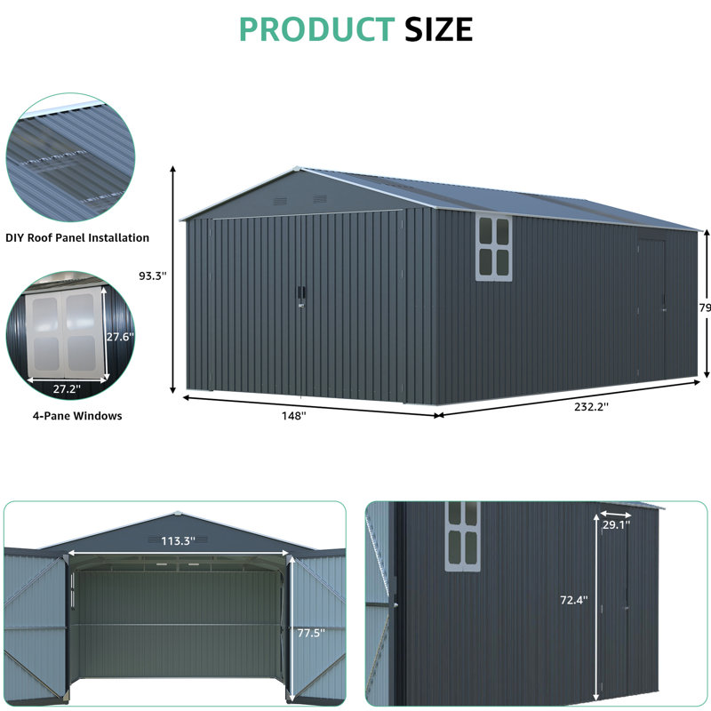 Solution de rangement extérieure améliorée: garage en métal de 13 x 20 pi avec deux fenêtres, panneaux de lanterneau et Pi. Espace pour vélos, tondeuses à gazon, outils, remise extérieure facile à installer, structure idéale