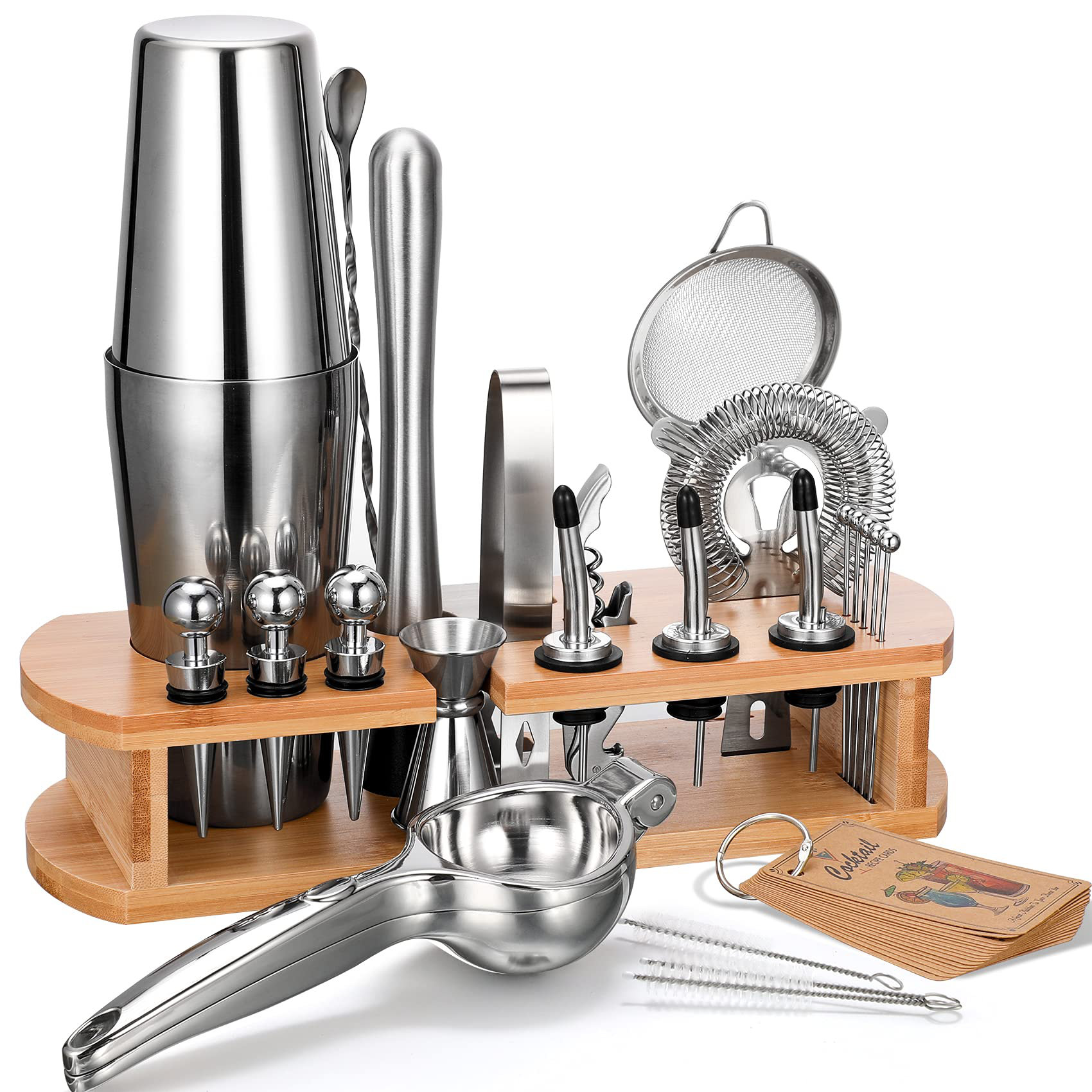 Prep & Savour 24-Piece Cocktail Shaker Bartender Kit With Stand, Shaker,  Mixing Spoon, Muddler, Measuring Jigger, Lemon Squeez, Tongs, Corkscrew,  Liquor Pourers And More Professional Bar Tools(Brown, Silver)