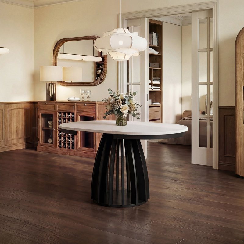 Extendable Round Dining Table, White, Black