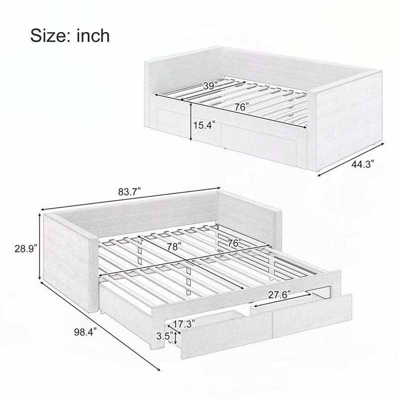 Chenille Upholstered Extendable Daybed Frame with Trundle，Storage Drawers, Beige