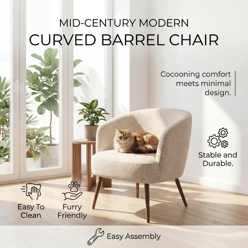 Mid-Century Modern Upholstered Tub Chair, Beige