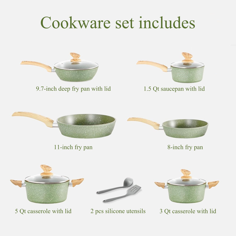 8 - Piece Non-Stick Aluminum Cookware Set, Green/Natural