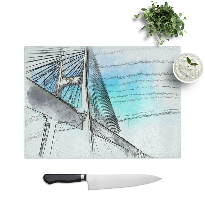 Vasco Da Gama Bridge in Portugal Sketch Chopping Board, 28.5cm W x 39cm L
