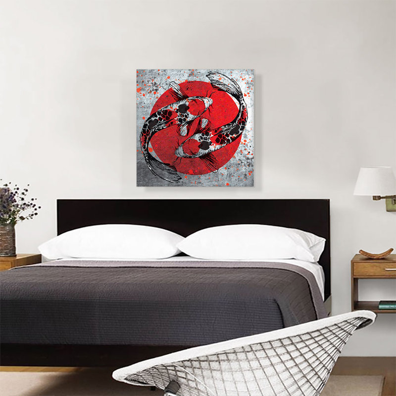 Ying Yang Koi Carp Fish, drapeau du Japon - reproduction d'art sur toile tendue, H 26 po x l 26 po x P 1,5 po