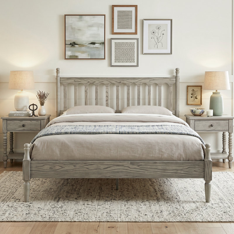 Wichita Queen Size Bed Frame with Headboard & Footboard, Solid Wood Platform Bed, 12 Strong Slatted with Metal Legs, Slip-Free & Noise-Less, Weathered Gray Oak Finish