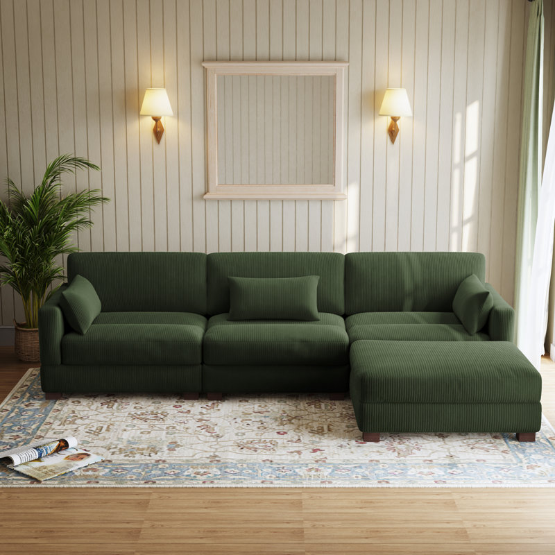 Maelina 4 - Piece Upholstered Green Corduroy Modular Sectional Sofa with Pillow Back and Removable Ottoman, Green