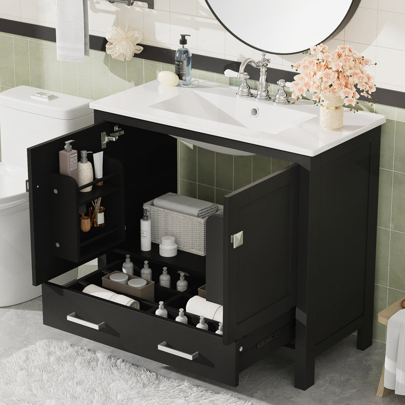 Meuble-lavabo moderne avec lavabo en céramique et nombreuses options de rangement, Noir