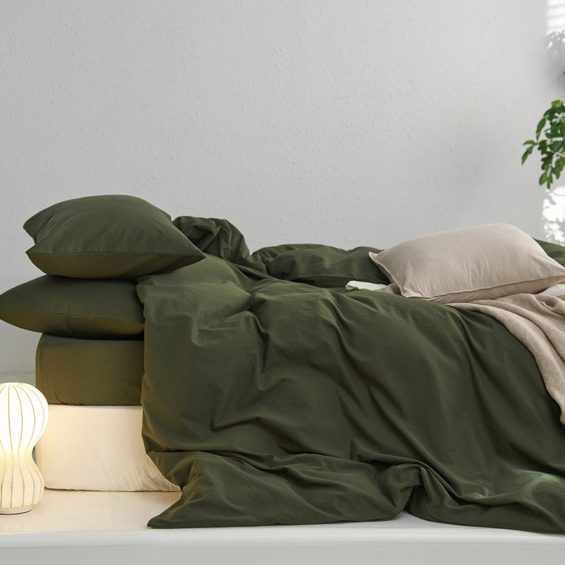 MooMee Duvet Cover Set with Zipper Closure & 8 Interior Ties 100% Washed Cotton Twill Soft Linen Like Textured, Olive Green