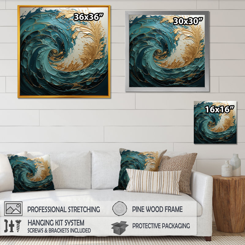 Or bleu sarcelle, spirale de l'océan V - art abstrait spirales, H 30 po x l 30 po x P 1 po, Toile tendue
